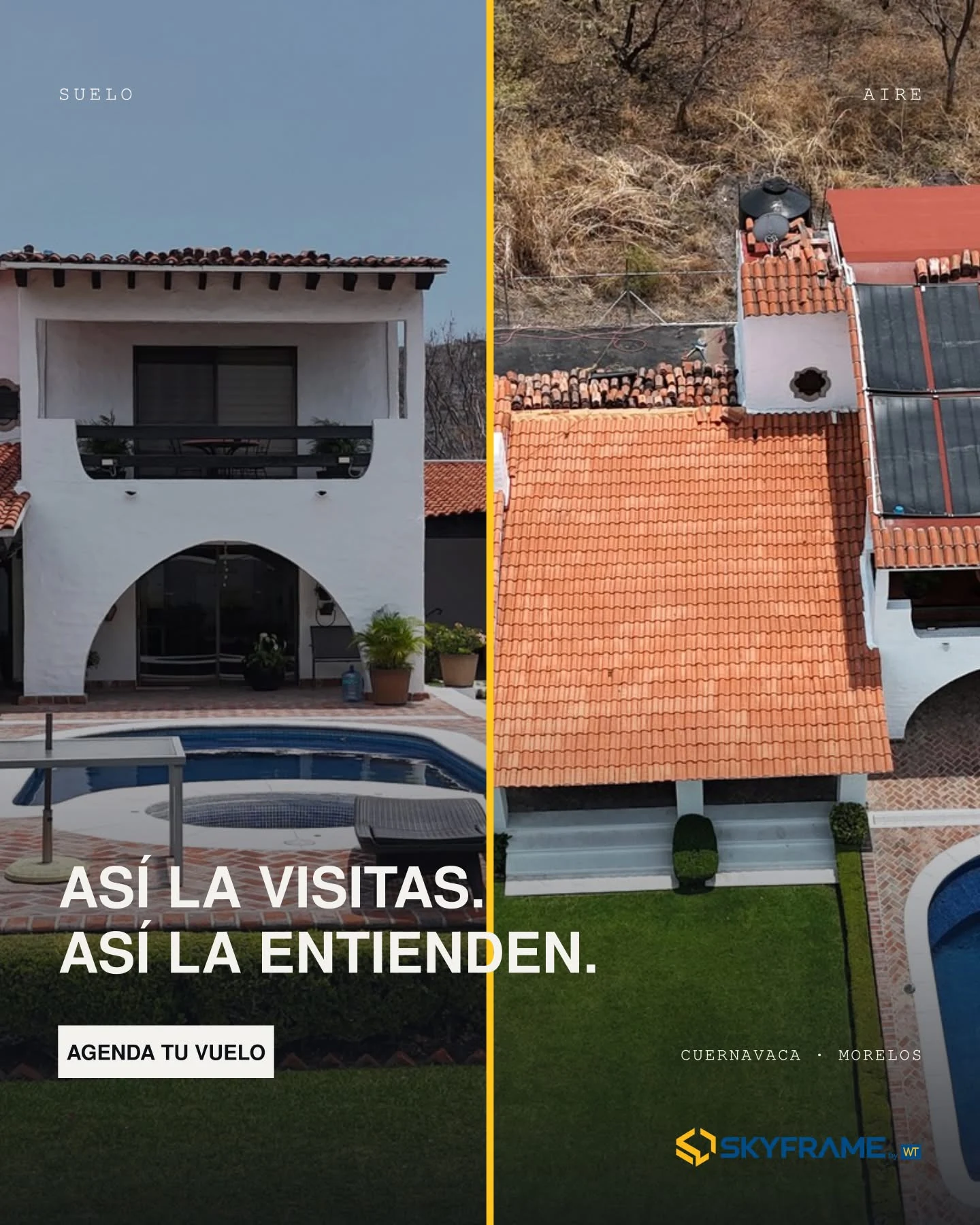 Comparativa de arquitectura vista desde el suelo y desde el aire en Cuernavaca